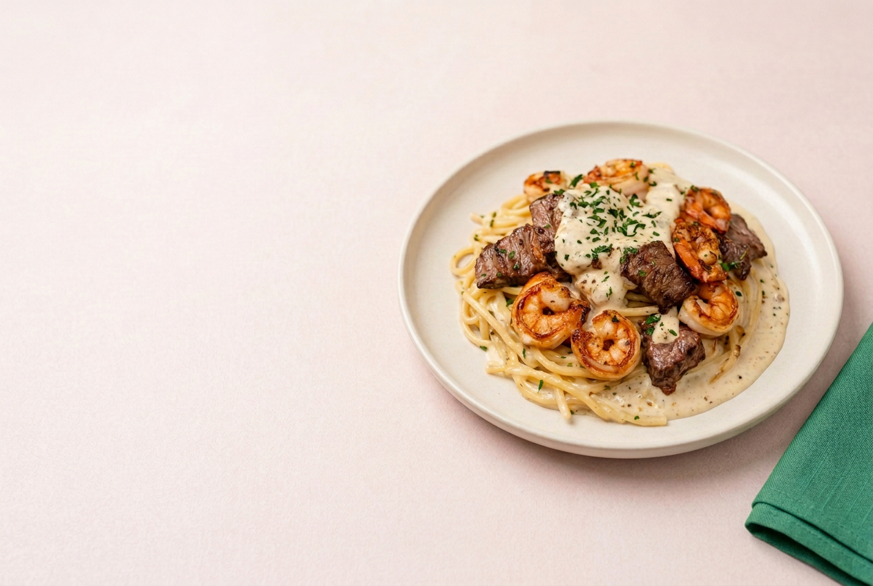 Creamy steak and shrimp pasta on a light plate with a green napkin